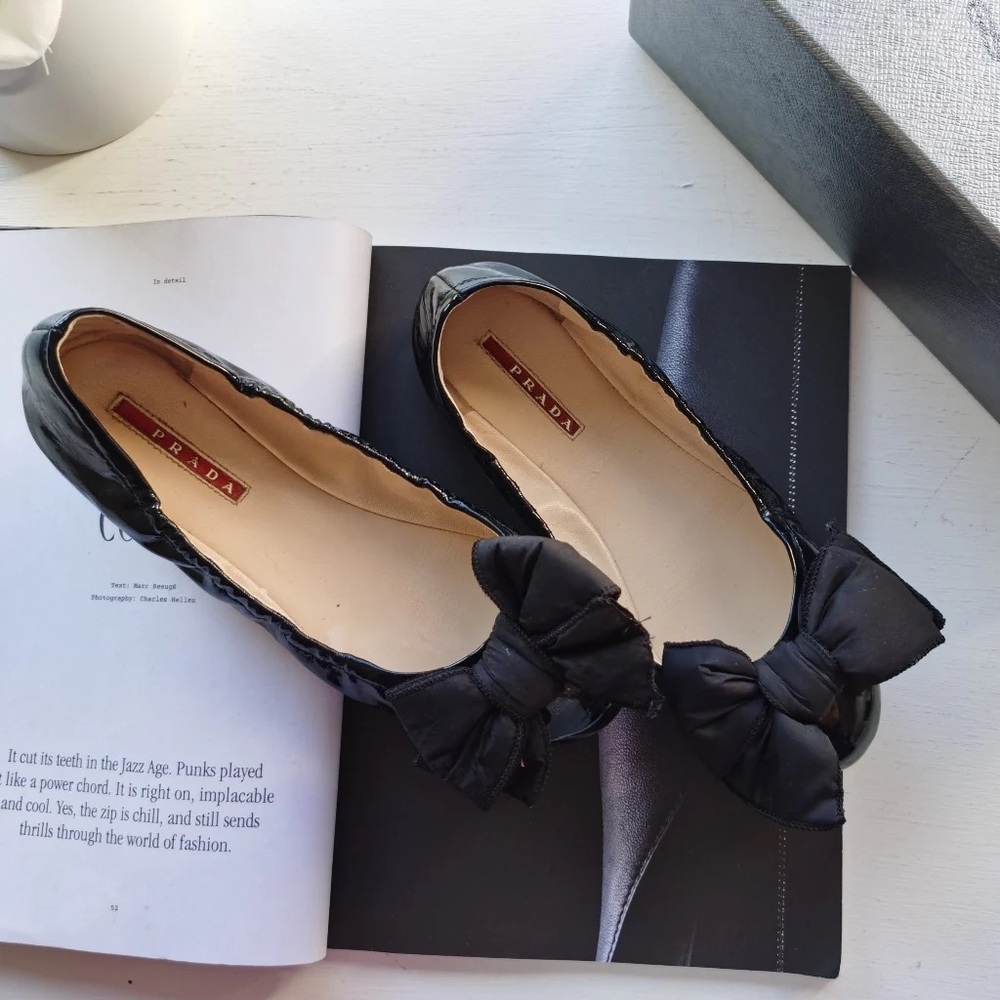Prada Black Patent Leather Bow Flats